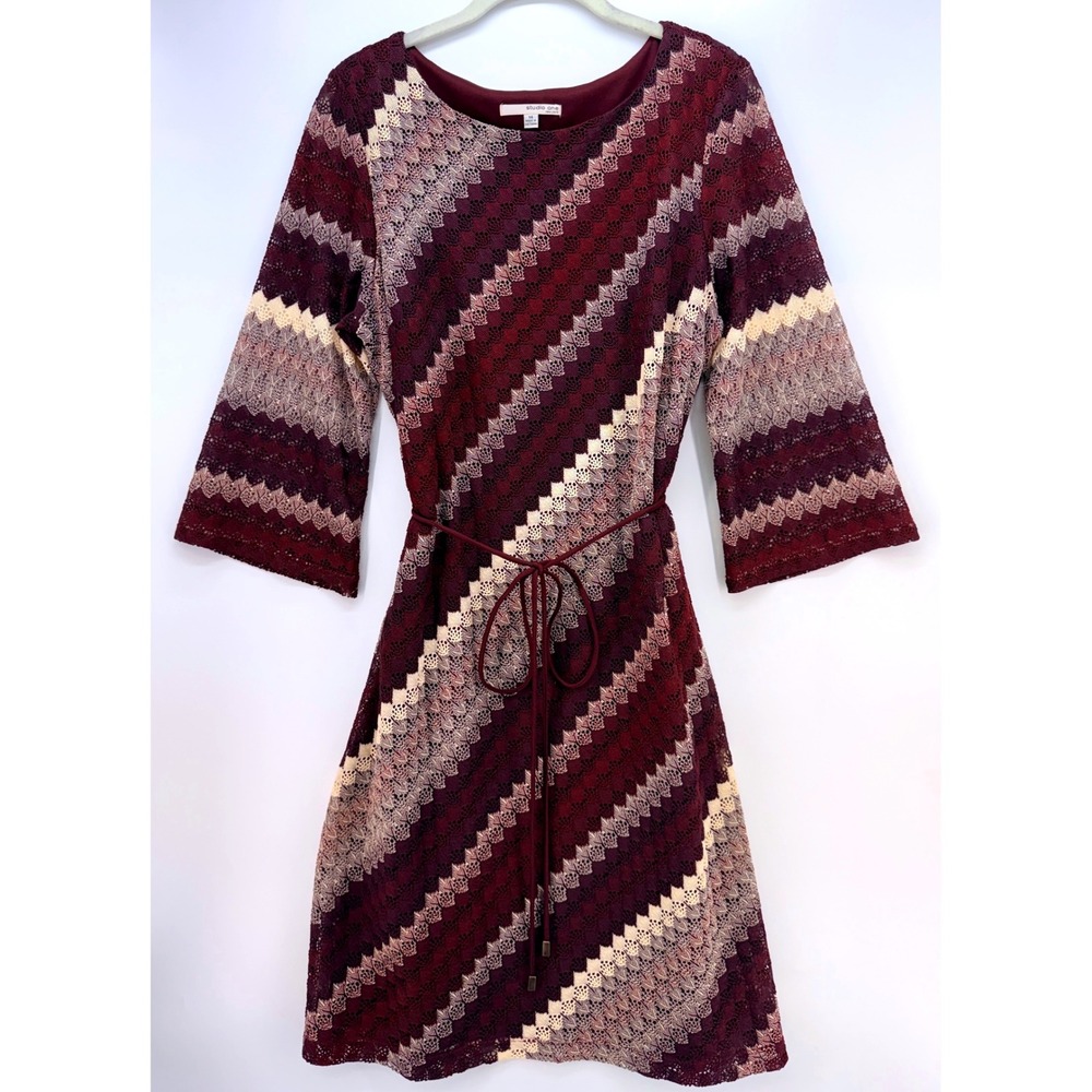 Studio One Y2K Geometric Crochet Lace Bell Sleeve Belted Dress Sz 14 Boho Artsy